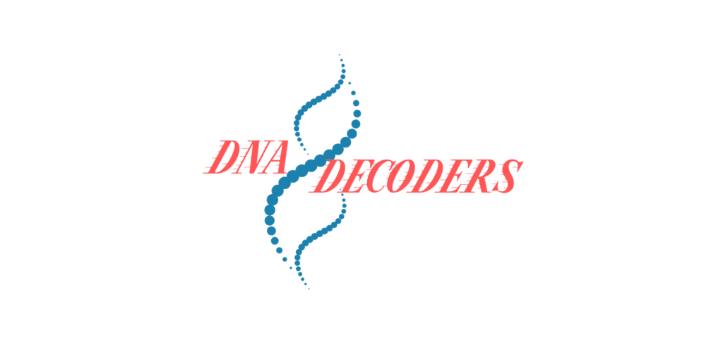 Logo banner of white and blue with DNA stream saying DNA Decoders